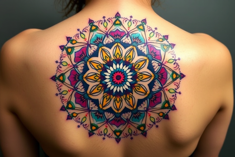 Colorful dotwork mandala tattoo, "Kaleidoscope Dream," using tiny, precisely placed dots in a rainbow of colors to create a mesmerizing circular design with intricate patterns and sacred geometry elements, ideal for a shoulder or upper back placement