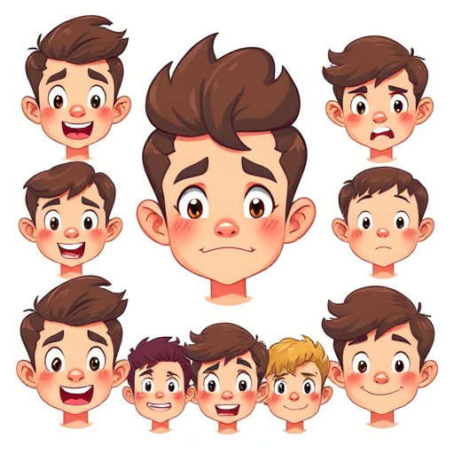 Create a high-quality illustration of a character with a variety of facial expressions in a grid layout, using a 50mm lens, f/2.8 aperture, 1/60 shutter speed, and ISO 200, with a flat lay perspective and vibrant colors to enhance the image quality.