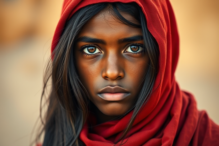 Create a portrait of a young Tuareg male with long, dark hair and captivating hazel eyes. She is wearing a red headscarf and a matching scarf draped gracefully around her neck. The background is softly blurred, focusing attention on her serene and natural expression. The overall color palette is muted and warm, enhancing the intimate and authentic feel of the portrait.