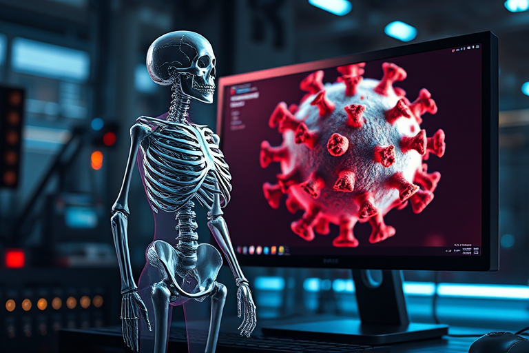 Create a high-resolution digital art piece of a transparent human skeleton standing next to a large computer monitor displaying a detailed 3D model of a virus, use a macro lens with f/2.8 aperture, 50mm focal length, 1/250 sec shutter speed, soft focus background, dramatic lighting, and a futuristic color palette.