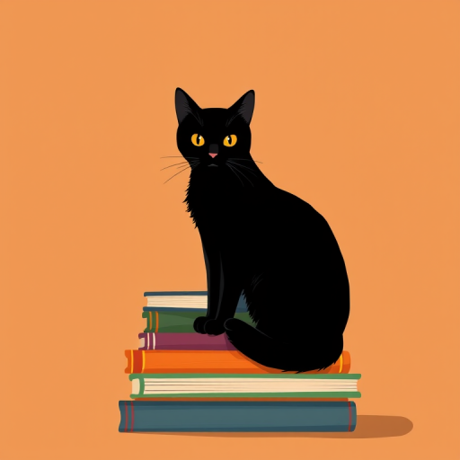 create a minimalist illustration of a black cat sitting on a stack of colorful books with a warm brown background, use a digital art style, simulate a 50mm lens at f/2.8, ensure a high-resolution output of 300 DPI for sharp details