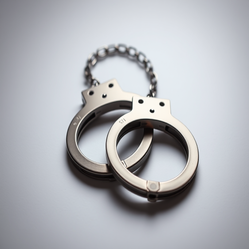 Create a high-resolution image of handcuffs on a plain background using a DSLR camera with a 50mm lens, aperture f/1.8, ISO 100, and a shallow depth of field for a sharp focus on the handcuffs.