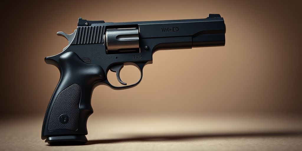 Create a highly detailed and realistic image of a handgun on a neutral background, with a DSLR camera using a shallow depth of field, ISO 100, f/2.8 aperture, and a 50mm lens to capture intricate details and textures.