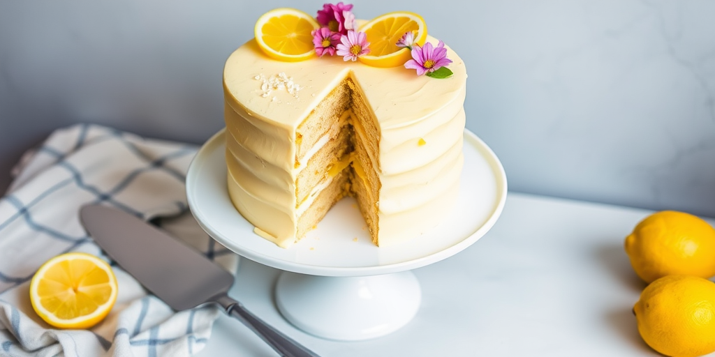 A three-layer lemon cake decorated with edible flowers and lemon slices on a white plate with a silver cake server beside it. The cake is light yellow with a smooth icing and has a slice cut out to reveal the layered interior.