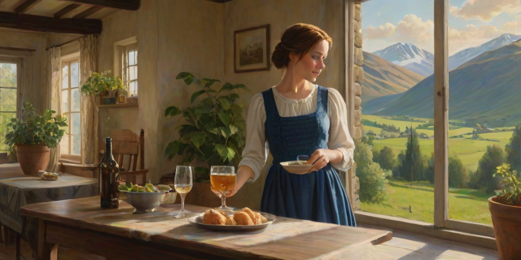 In "A Glass of Beer on the Highland," a serene scene is depicted in a sunlit room where a woman in a vibrant blue dress stands by a large window. She holds a tray with a hearty meal and a frothy glass of beer, embodying a moment of relaxation. Outside, the breathtaking highland landscape features rolling green hills and a charming traditional house, all bathed in warm afternoon light. The interior is adorned with potted plants, creating a harmonious blend of comfort and nature. The painting beautifully captures the tranquility and joy found in simple pleasures amidst stunning scenery