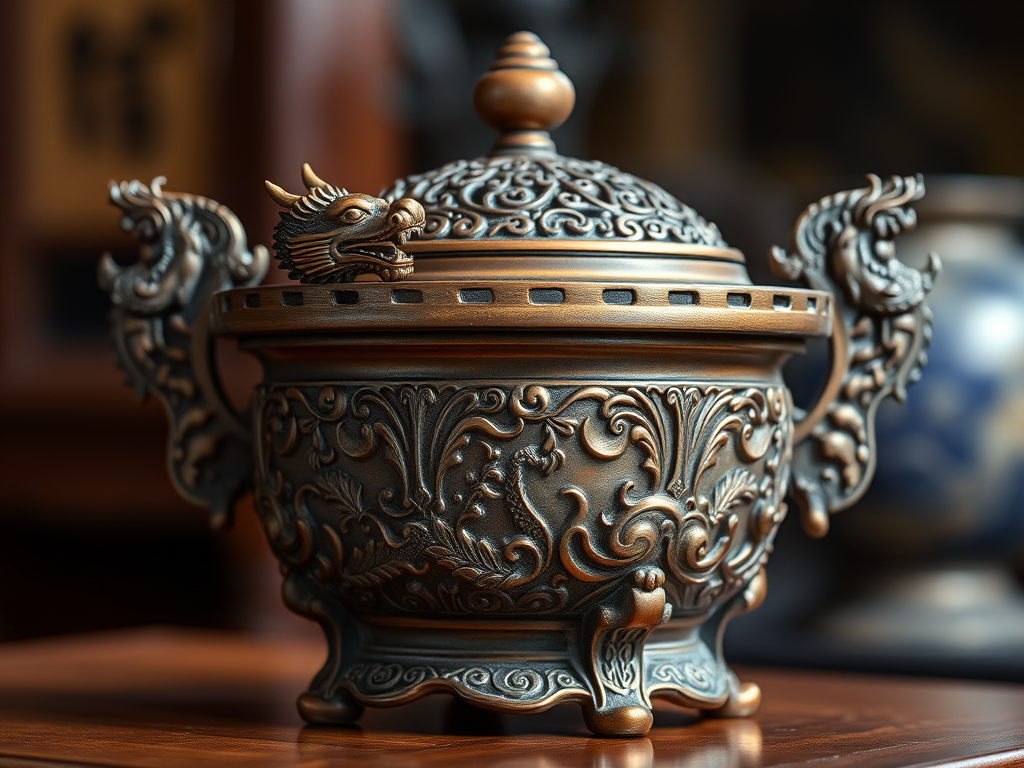 Create a highly detailed image of an ornate bronze incense burner featuring intricate dragon motifs, captured with a DSLR camera at f/2.8, ISO 100, 50mm lens, using a shallow depth of field for a soft background blur, and from a slightly elevated angle to emphasize its craftsmanship.