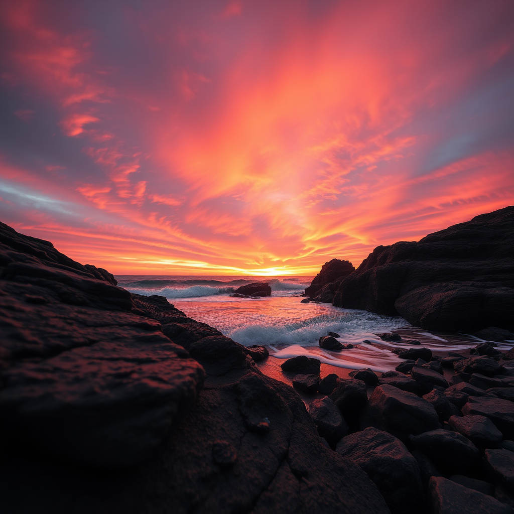 a vibrant sunset over a rocky beach with deep orange and pink skies, detailed textures of the rocks, soft waves lapping at the shore, captured with a Canon EOS 5D Mark IV, 24mm lens, f/11, ISO 100, 1/125 sec, golden hour lighting, wide-angle view, high dynamic range processing