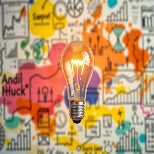 Create a high-resolution image of a glowing light bulb centered on a colorful background filled with hand-drawn sketches and graphs, shot with a DSLR camera at f/2.8, ISO 100, shutter speed 1/100s, in natural lighting with a shallow depth of field.