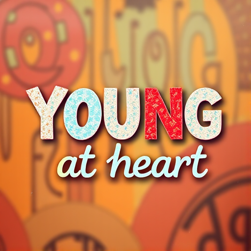 Create a vibrant and textured digital artwork featuring the phrase "YOUNG at heart" in a playful font, using a Canon EOS R5 with a 50mm lens, aperture set to f/1.8 for a blurred background, ISO 100, and a focal length of 50mm, with a soft bokeh effect and warm color palette.