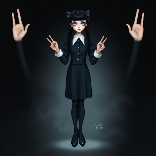 Digital art, full height portrait of Wednesday Addams, standing up with her hands in the air as if in a hold-up. Her dark, gothic attire replaces Alice’s classic blue dress, and she wears black shoes instead of blue. A small, neat black bow adorns her hair, capturing her signature style. The overall composition maintains a whimsical yet eerie tone, similar to Alice in Wonderland, while showcasing Wednesday’s iconic gothic charm.