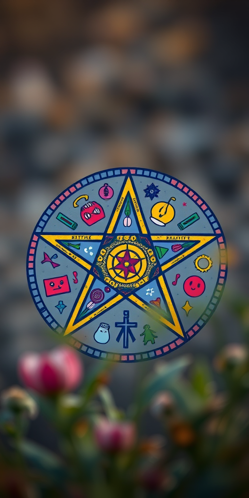 Create a detailed illustration of a pentagram filled with colorful symbols and patterns representing various emotions and themes, shot with a Canon EOS R5, 50mm lens, f/1.8 aperture, ISO 100, and a soft focus background to enhance the foreground.