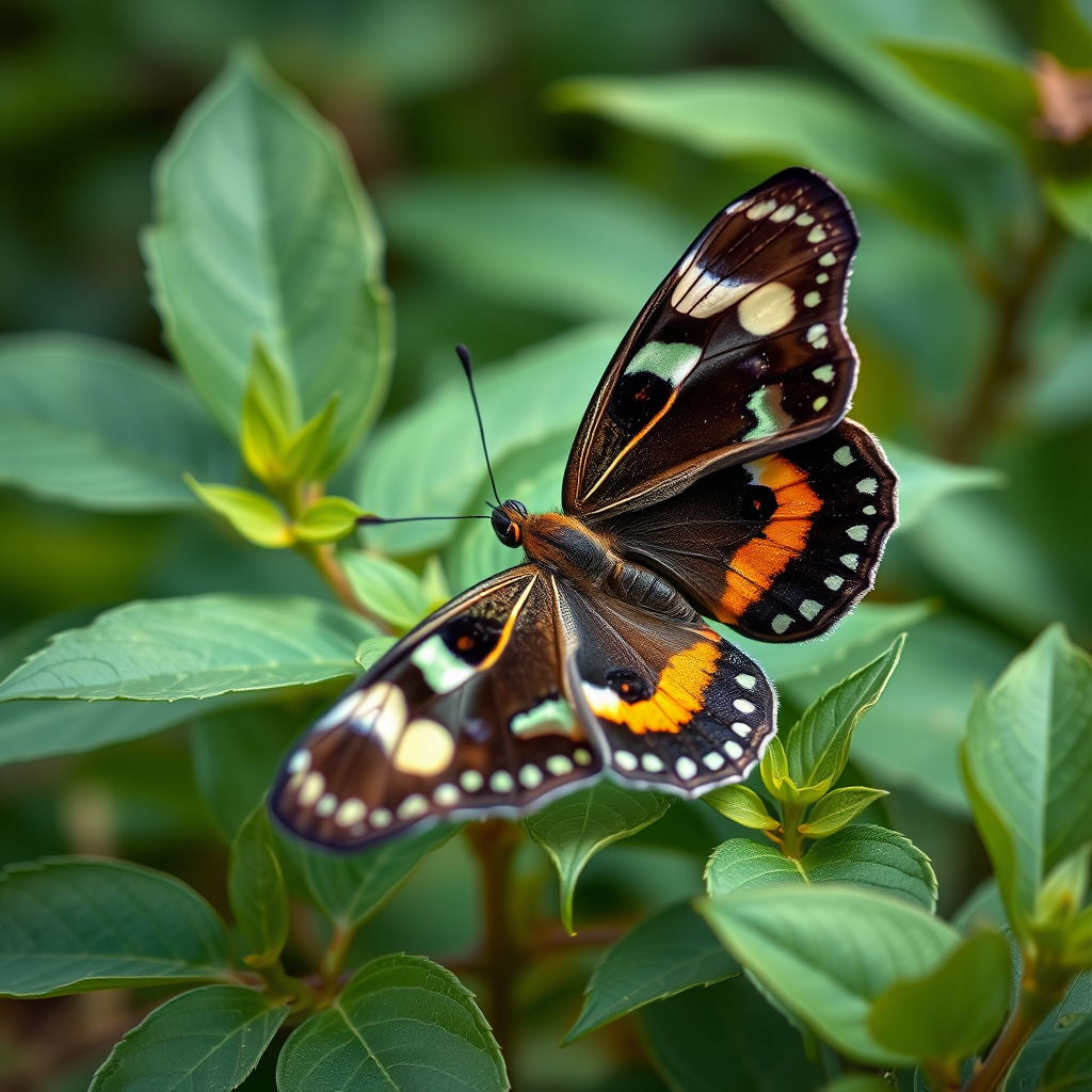 Butterfly resting on green leaves, macro view, natural lighting, aperture f/2.8, shutter speed 1/200s, ISO 100, DSLR camera, 50mm lens.