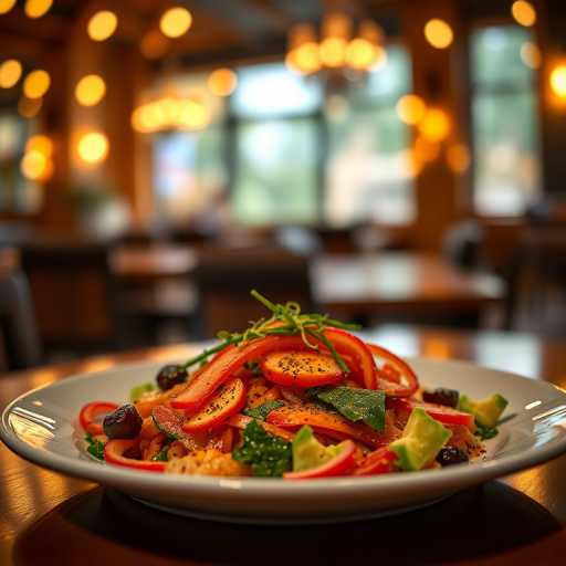 A beautifully plated dish with vibrant colors, surrounded by a softly blurred background of warm bokeh lights, shot with a Canon EF 50mm f/1.8 lens at f/1.8, ISO 200, shutter speed 1/125s, in a cozy indoor restaurant setting, with natural soft lighting for enhanced warmth and texture.