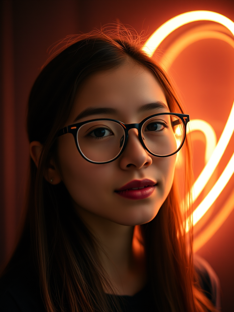 portrait of a young woman with glasses against a glowing neon heart backdrop, soft focus for dreamy effect, low light setting, aperture f/2.8, ISO 400, shutter speed 1/60s, shot with a mirrorless camera, portrait view, ambient lighting for an ethereal feel