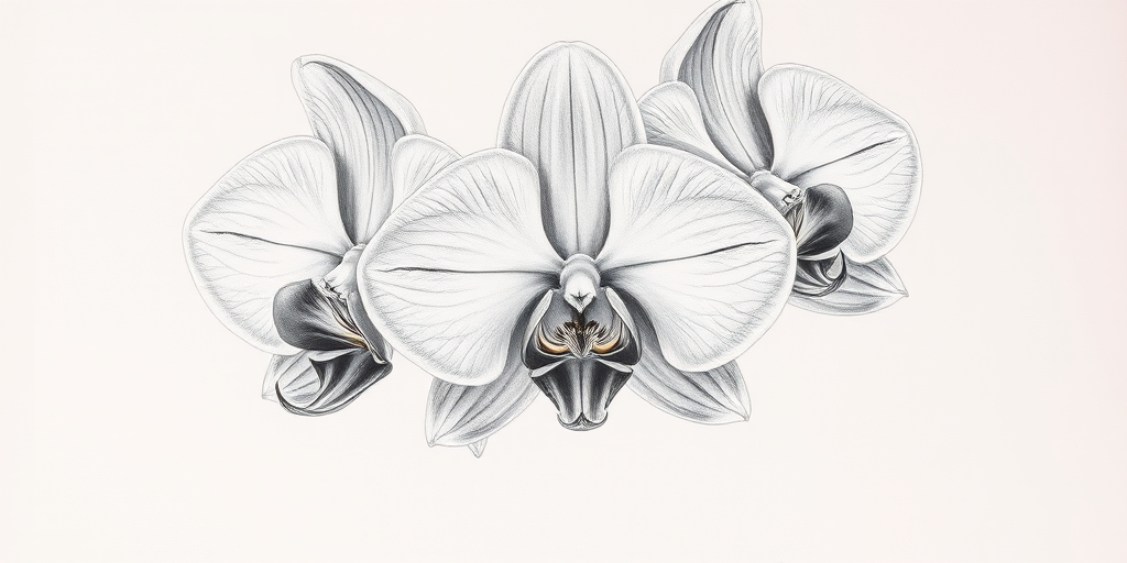 Regenerate a detailed pencil drawing of three orchid flowers arranged vertically, focusing on intricate petal textures and shading, captured with a Canon EOS R5 camera, 50mm lens, f/2.8 aperture, ISO 100, natural soft lighting for enhanced detail and contrast.