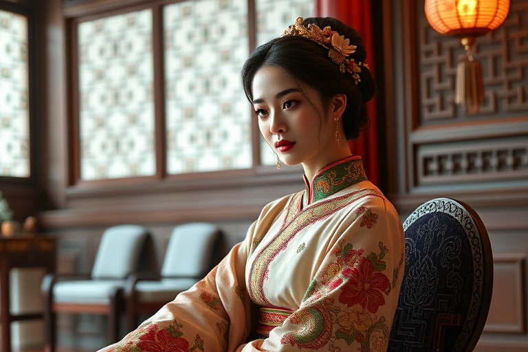 A beautiful woman in traditional East Asian attire, intricately detailed with embroidered patterns, sitting gracefully in a richly decorated room, soft ambient lighting, serene and elegant, ultra-realistic, 8K resolution