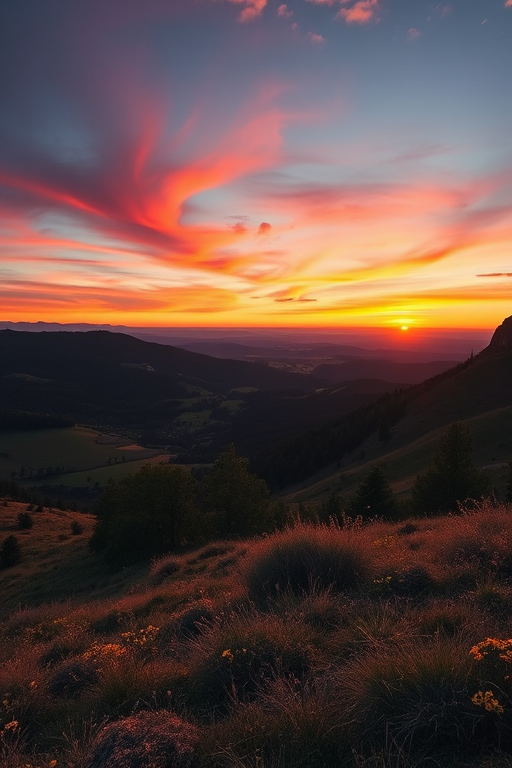 Generate an image of a scenic landscape during sunset with vivid colors, using a Canon EOS R5 with a 24-70mm f/2.8 lens at f/8, ISO 100, 1/60 sec shutter speed, capturing a wide-angle view to enhance depth and detail.