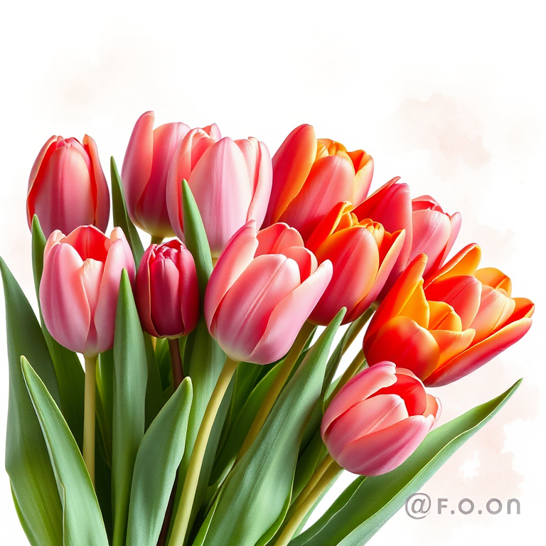 Create a vibrant illustration of a bouquet of tulips in various shades of pink, red, and orange, with a soft watercolor background, shot with a DSLR camera at f/2.8, 50mm lens, and a natural light setting to enhance the colors and details.