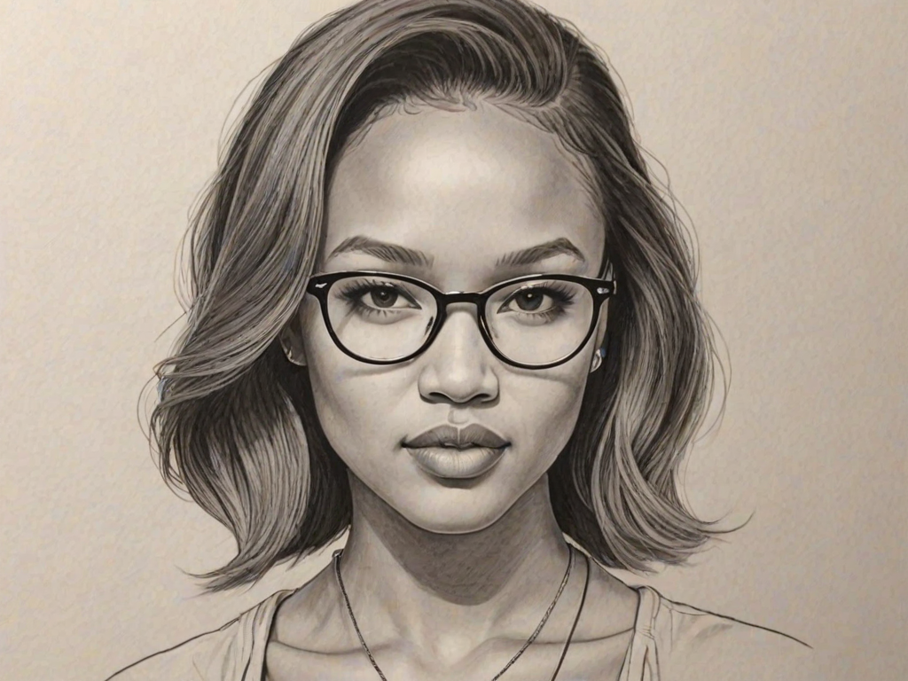 Gorgeous Karrueche Tran, pencil sketch, portrait of Appealing woman 1936s in glasses, hair style beatnik, outline, clear lines, fine lines, 8k