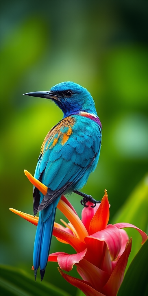 regenerate the image of a vibrant blue bird perched on a colorful tropical flower with a blurred green background, using a DSLR camera with a 100mm lens, aperture f/2.8, ISO 200, shot from a low angle with a shallow depth of field for enhanced focus on the bird and flower details