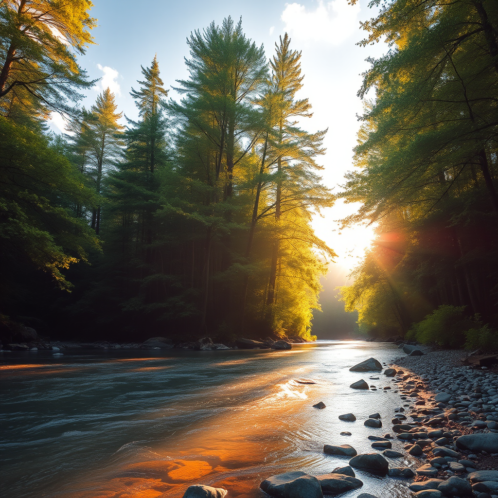 Create an image of a serene, sunlit forest scene with a clear, gently flowing river. Tall trees with lush green foliage line both sides of the river, their leaves bathed in the warm golden light of the setting or rising sun. The sunlight filters through the trees, casting soft, dappled light on the river, which flows over smooth rocks and pebbles, creating a peaceful, natural atmosphere. The sky is bright with a few scattered clouds, and the overall mood is tranquil, evoking a deep sense of connection with nature. The image captures the beauty of a calm, pristine forest landscape at either dawn or dusk.