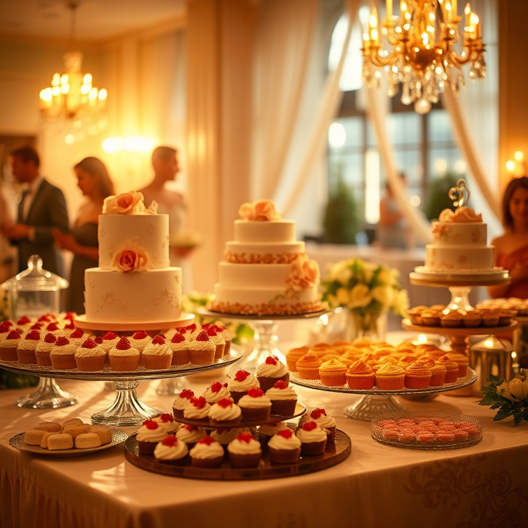 Warmly lit photo of a luxurious dessert table at a wedding reception, showcasing an array of beautifully decorated cakes, cupcakes, and pastries, soft golden light enhancing the festive atmosphere.