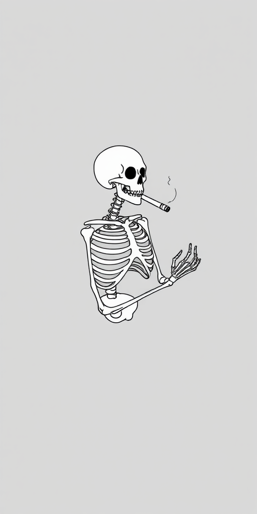 Create a minimalist line art illustration of a stylized skeleton smoking a cigarette on a plain gray background using a Canon EOS R5 camera with a 50mm f/1.2 lens, shot at ISO 100, aperture f/5.6, and a shallow depth of field for enhanced image clarity.