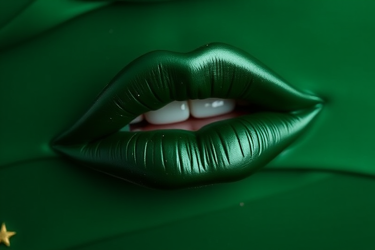 Deep forest green lipstick with a satin finish, titled "Enchanted Evergreen," boasting a long-lasting formula and subtle metallic sheen