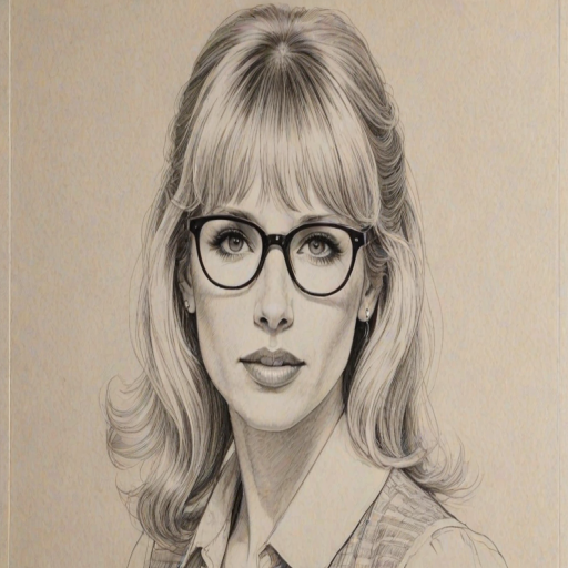 Beauteous Lucy Punch, pencil sketch, portrait of Elegant woman 1978s in glasses, hair style beatnik, outline, clear lines, fine lines, 8k
