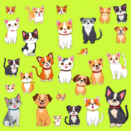 Create a vibrant cartoon-style illustration of playful cats and dogs in a grid layout on a bright green background, using a high-resolution camera with a 35mm lens, f/2.8 aperture, and natural lighting for enhanced clarity and colors.