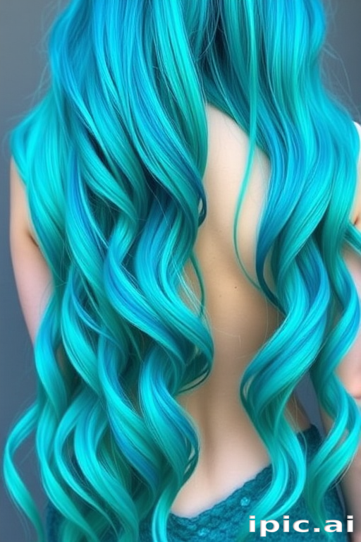Vibrant teal mermaid locks flow gracefully down to the waist, featuring an ombre effect that transitions from deep ocean blue to seafoam green, embodying the essence of a mystical sea creature in the "Siren's Song" style