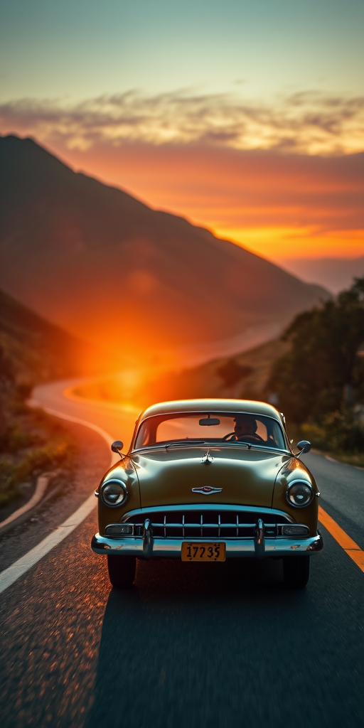 vintage car driving on a winding mountain road at sunset, vibrant color palette, high dynamic range, f/8 aperture, 1/250 shutter speed, ISO 100, wide-angle lens, DSLR camera, soft focus background for depth.