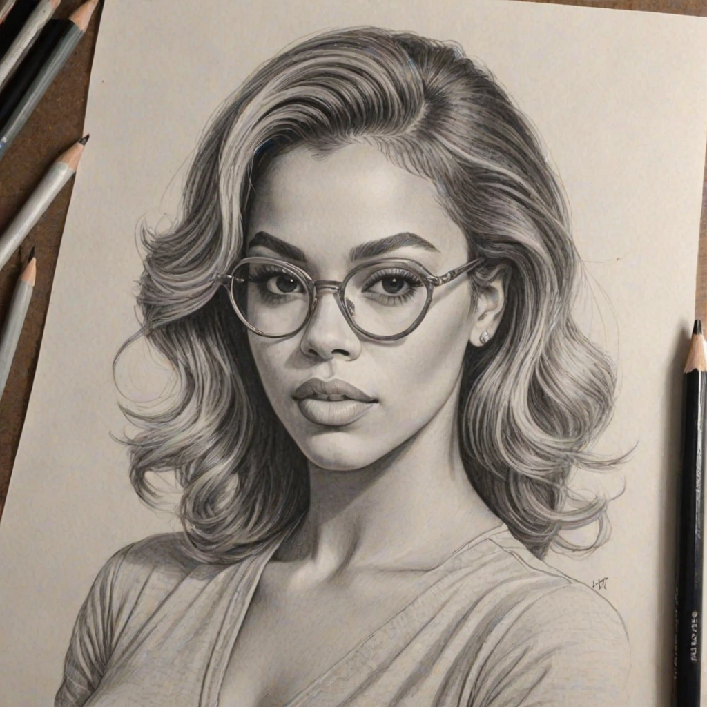 Fascinating Dinah Jane, pencil sketch, portrait of Gorgeous woman 1961s in glasses, hair style beatnik, outline, clear lines, fine lines, 8k