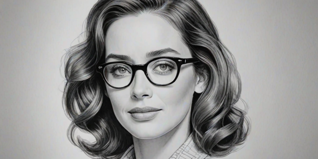 Lovely Emily Blunt, pencil sketch, portrait of Comely woman 1940s in glasses, hair style beatnik, outline, clear lines, fine lines, 8k