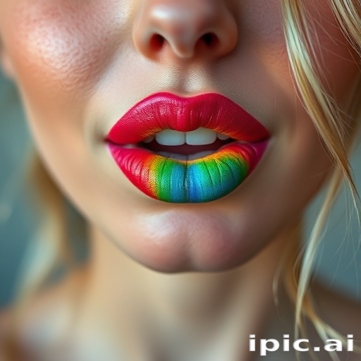 Whimsical woman lips painted with rainbow gradient, full face capture embodying creativity and free-spirited nature