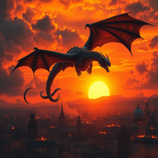 a massive dragon soaring over a burning city at sunset, with dramatic clouds and an intense orange and red sky, ominous and powerful atmosphere