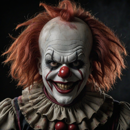 Create a hyper-realistic, dark, and eerie clown with a sinister smile, set against a black background. The clown should have exaggerated makeup with sharp, contrasting colors to enhance its menacing appearance. The overall atmosphere should be unsettling and intense, capturing a sense of horror and suspense