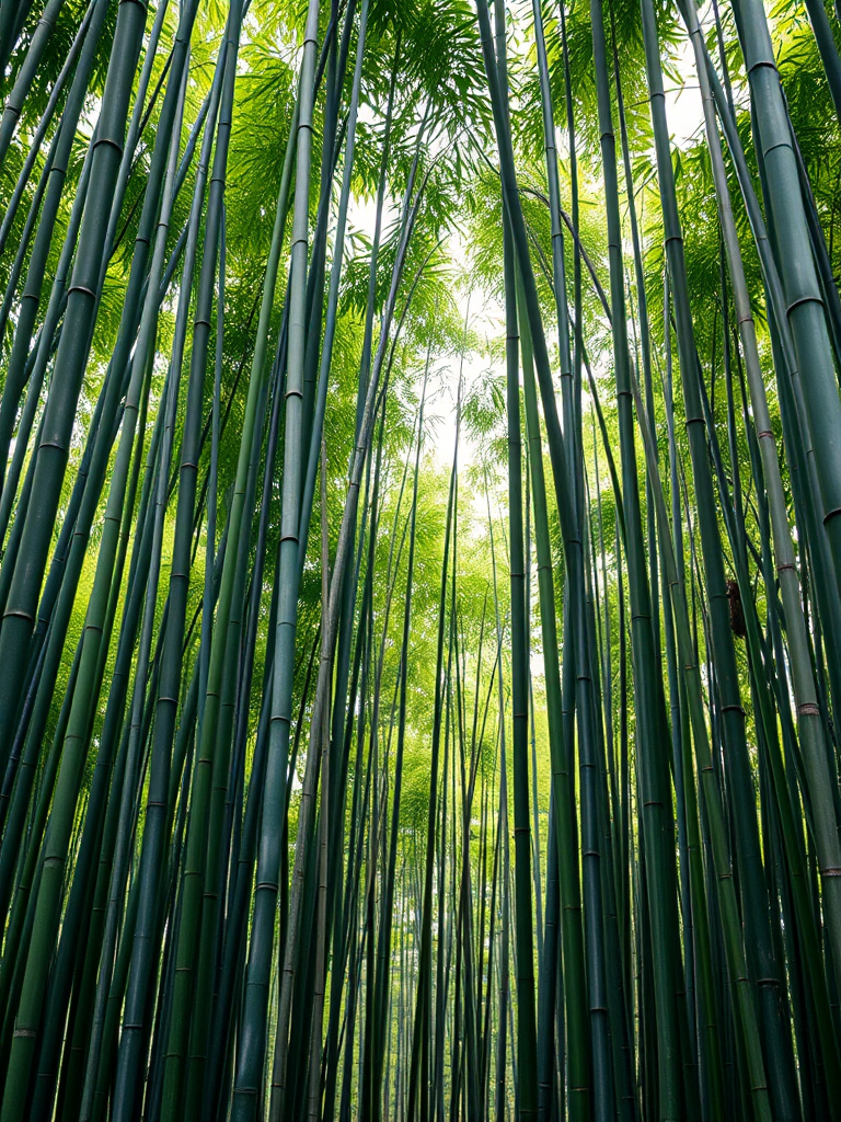 Create a high-resolution image of a dense bamboo forest with tall green and gray bamboo stalks, using a Canon EOS R5, 50mm lens, aperture f/1.8, ISO 100, in natural soft lighting from a slightly elevated viewpoint for depth and perspective.
