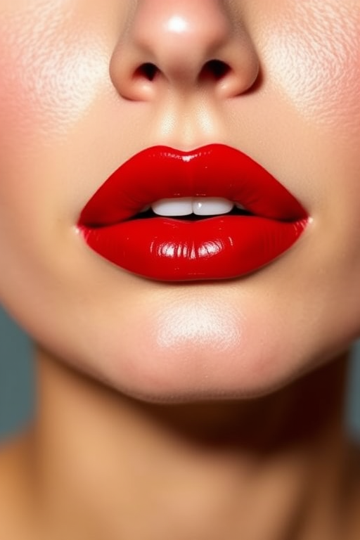 Glossy cherry red lips pop with classic allure in the "Pinup Perfection" style, boasting a vibrant, true red hue with a high-shine finish that creates the illusion of plump, juicy lips, embodying timeless glamour and confidence that never goes out of style