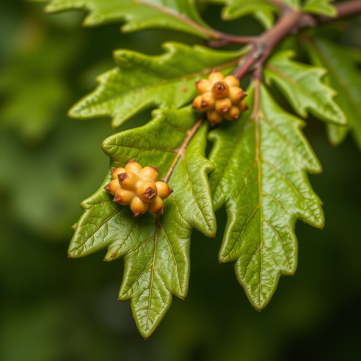 close-up of oak leaves with galls, soft focus background, natural lighting, ISO 200, aperture f/2.8, 50mm lens, taken with a DSLR camera, shallow depth of field