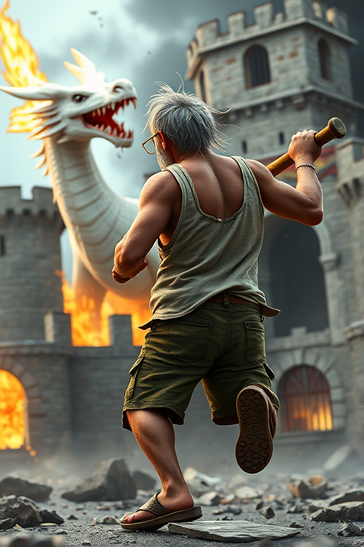 Cartoon 3D High-Resolution,dynamic battle scene using Unreal Engine 5 and Octane Render. The scene features back of an elderly, thai man with a beard,messy hair and round golden-rimmed glasses. He is wearing a tattered tank top with soot marks, shorts, and sandals. sweating. he wields a baseball bat. He jump to fight with a white fire-breathing Europe dragon amidst a partially destroyed stone castle. Include intense flames, smoke, and debris to enhance the dramatic effect.
