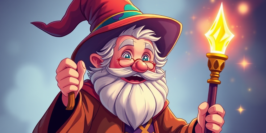 Create a vibrant, high-quality illustration of a cheerful wizard holding a magical staff, soft lighting, 50mm lens, f/1.8 aperture, ISO 100, shot from eye level using a digital mirrorless camera.