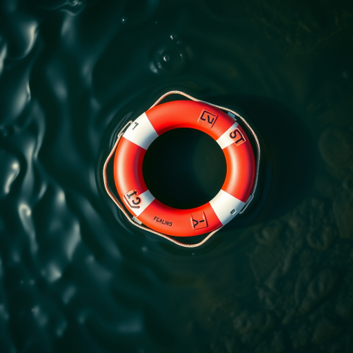 Create a high-resolution image of a lifebuoy ring with red and white colors, using a DSLR camera, 50mm lens, f/2.8 aperture, 1/100 sec shutter speed, and a shallow depth of field, with a top-down view and natural lighting to enhance detail and clarity.