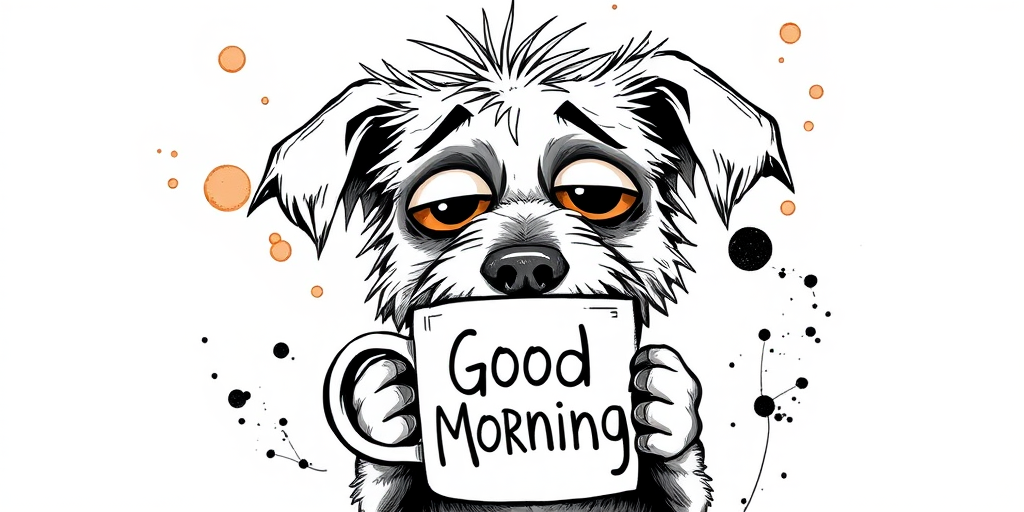 A quirky, artistic illustration of a disheveled shollie dog breed with exaggerated, large eyes and spiky fur, holding a coffee mug that reads "Good Morning". The dog has a tired but humorous expression, with ink splatters and abstract details surrounding it, giving a whimsical feel to the image. The color palette is mostly monochrome with hints of brown in the eyes and steam rising from the mug, enhancing the overall sleepy vibe