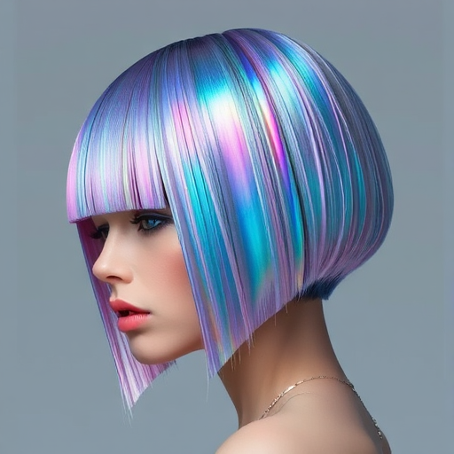 Futuristic Holographic Bob with a blunt cut and razor-sharp edges, shimmering with iridescent tones that shift colors as light reflects off the hair's surface
