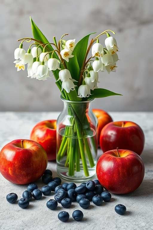 Create a still life composition of a vase with lily of the valley flowers surrounded by red apples and blueberries on a textured tabletop, captured with a DSLR camera at f/2.8, ISO 100, 50mm lens, natural light, soft focus for an artistic watercolor effect.