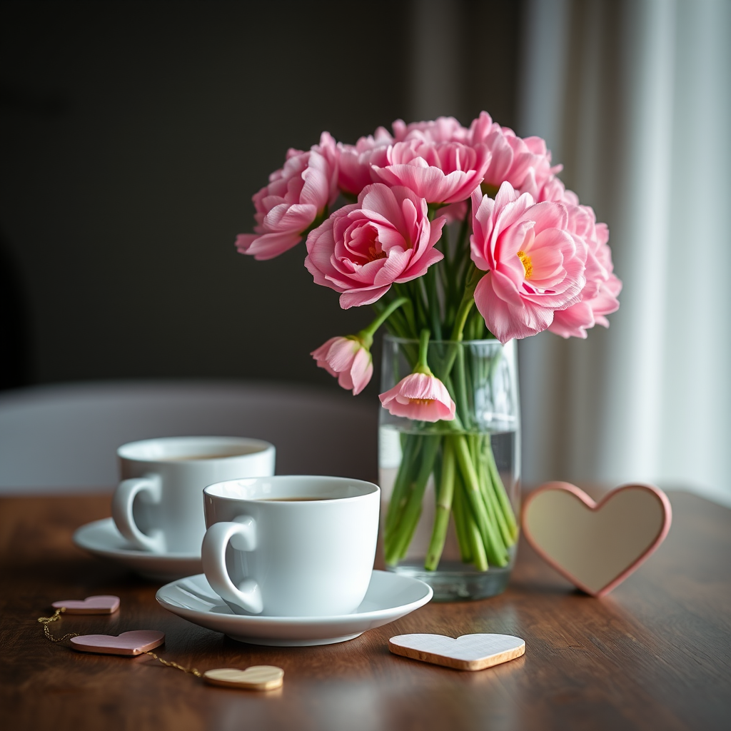 A close-up shot of pink ranunculus flowers in a clear glass vase with a dark blurred background, two white coffee cups on a wooden table alongside heart-shaped decorations, with soft natural lighting, 50mm f/1.8 lens, ISO 200, shutter speed 1/125 sec, captured using a DSLR camera.