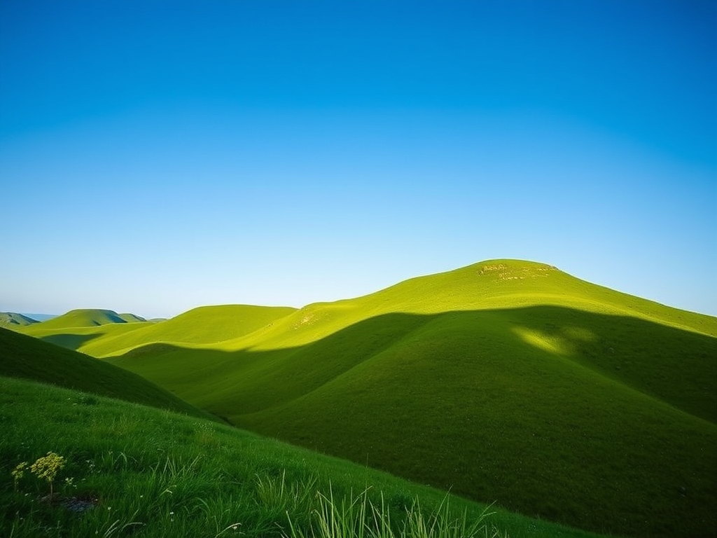 Create a high-resolution image of a serene landscape featuring lush green hills under a clear blue sky, captured with a Canon EOS R5, 35mm lens, f/8 aperture, ISO 100, using a wide-angle view in natural light.