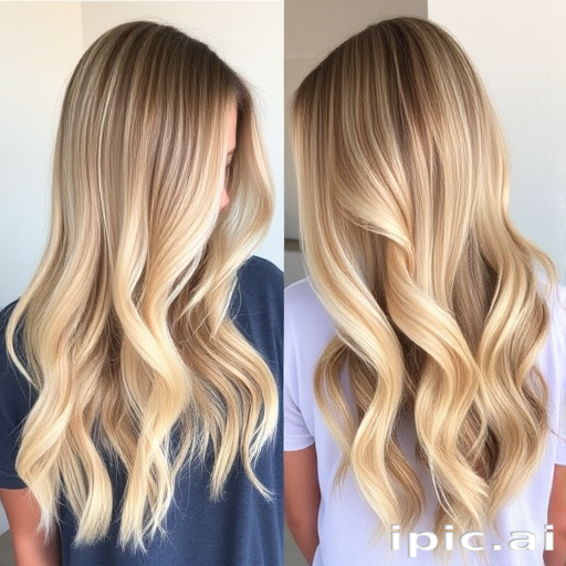 Soft, buttery blonde hair is the foundation for the "Golden Hour" style, featuring long, flowing layers that catch the light beautifully. Subtle balayage highlights in warm honey and pale wheat tones create dimension and movement. The hair is styled in loose, beachy waves that evoke the relaxed elegance of a sun-kissed California girl.