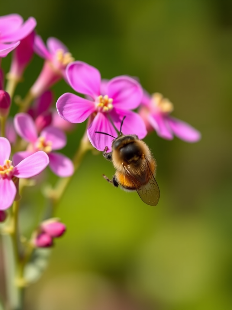 Close-up of a bee hovering over vibrant pink flowers with blurred green background, shot with a Canon EOS 5D Mark IV, 50mm f/1.4 lens, aperture f/2.8, ISO 100, shutter speed 1/500s, natural light.